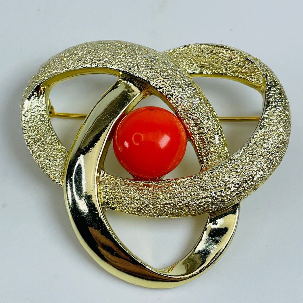 Sarah Coventry Orbit Tri-Loop Knot Pin 1.75" Gold Tone Faux Coral Bead Textured